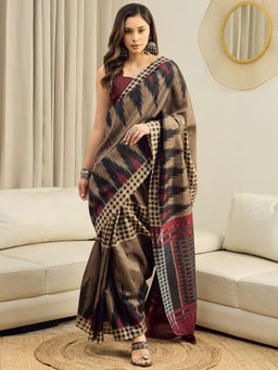 Sareemall - Women Bhagalpuri Silk Beige Printed Ready to Wear With Unstitched Blouse