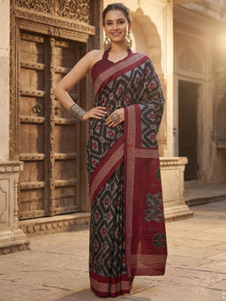 Sareemall - Women Bhagalpuri Silk Black Printed Ready to Wear With Unstitched Blouse