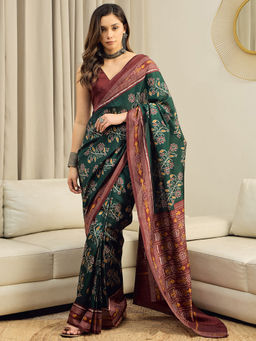 Sareemall - Women Bhagalpuri Silk Green Printed Ready to Wear With Unstitched Blouse
