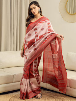 Sareemall - Women Bhagalpuri Silk Beige Printed Ready to Wear With Unstitched Blouse