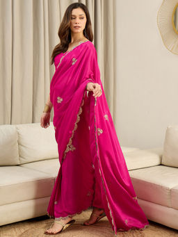 Sareemall - Women chinnon Pink Embellished Ready to Wear With Unstitched Blouse