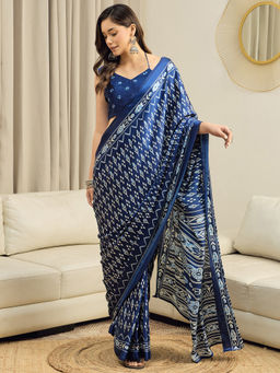 Sareemall - Women Crepe Blue Printed Ready to Wear With Unstitched Blouse