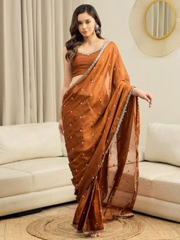 Sareemall - Women Pure Georgette Rust Embellished Ready to Wear With Unstitched Blouse