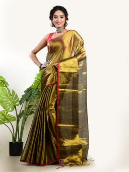 AAKAR - Women Gold Tissue Woven Handloom Saree Without Blouse