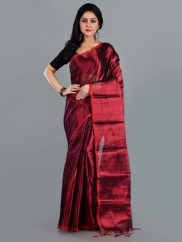 AAKAR - Women Maroon Tissue Woven Handloom Saree Without Blouse