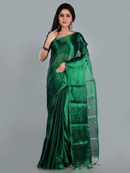 AAKAR - Women Green Tissue Woven Handloom Saree Without Blouse