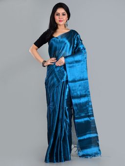AAKAR - Women Turquoise Tissue Woven Handloom Saree Without Blouse