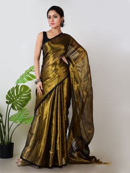 AAKAR - Women Gold Tissue Woven Handloom Saree Without Blouse