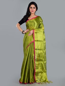 AAKAR - Women Green Tissue Woven Handloom Saree Without Blouse