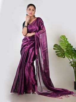 AAKAR - Women Purple Tissue Woven Handloom Saree Without Blouse
