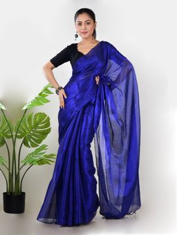 AAKAR - Women Blue Tissue Woven Handloom Saree Without Blouse
