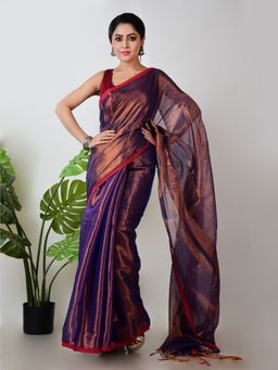 AAKAR - Women Copper Tissue Woven Handloom Saree Without Blouse