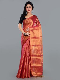 AAKAR - Women Orange Tissue Woven Handloom Saree Without Blouse