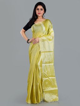 AAKAR - Women Green Tissue Woven Handloom Saree Without Blouse