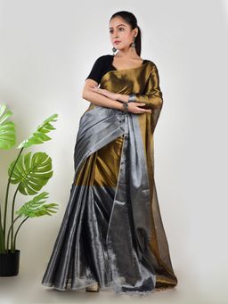 AAKAR - Women Gold Tissue Woven Handloom Saree Without Blouse