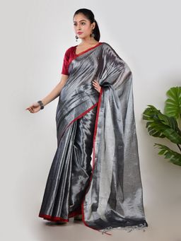 AAKAR - Women Silver Tissue Woven Handloom Saree Without Blouse
