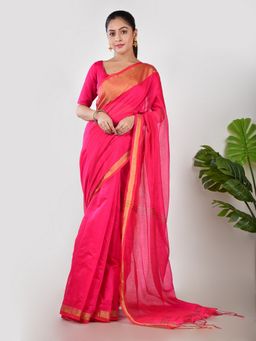 AAKAR - Women Pink Linen Woven Handloom Saree Without Blouse