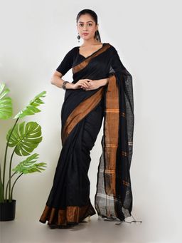 AAKAR - Women Black Linen Woven Handloom Saree Without Blouse