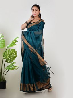 AAKAR - Women Turquoise Linen Woven Handloom Saree Without Blouse