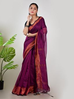 AAKAR - Women Purple Linen Woven Handloom Saree Without Blouse