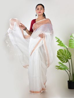 AAKAR - Women White Linen Woven Handloom Saree Without Blouse