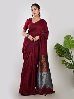 AAKAR - Women Maroon Khadi Woven Handloom Saree Without Blouse