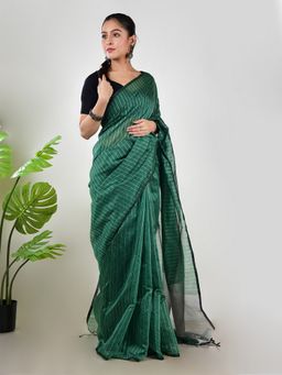 AAKAR - Women Green Linen Striped Handloom Saree Without Blouse