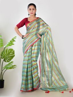 AAKAR - Women Green Tissue Striped Handloom Saree Without Blouse