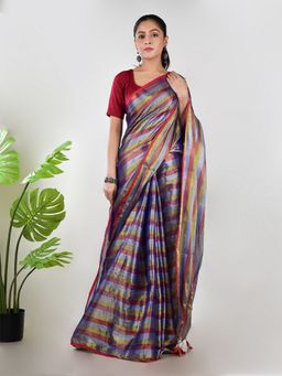 AAKAR - Women Purple Tissue Striped Handloom Saree Without Blouse