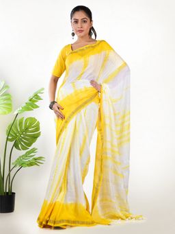 AAKAR - Women Yellow Pure Cotton Tie & Dye Handloom Saree Without Blouse