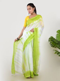 AAKAR - Women Green Pure Cotton Tie & Dye Handloom Saree Without Blouse