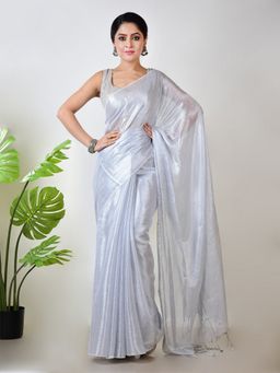 AAKAR - Women White Tissue Woven Handloom Saree Without Blouse