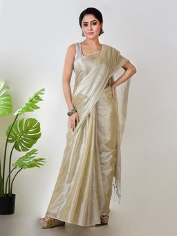 AAKAR - Women Ivory Tissue Woven Handloom Saree Without Blouse