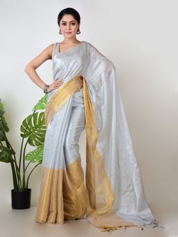 AAKAR - Women White Tissue Woven Handloom Saree Without Blouse