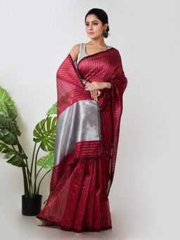 AAKAR - Women Maroon Linen Striped Handloom Saree Without Blouse