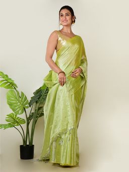 AAKAR - Women Green Tissue Woven Handloom Saree Without Blouse