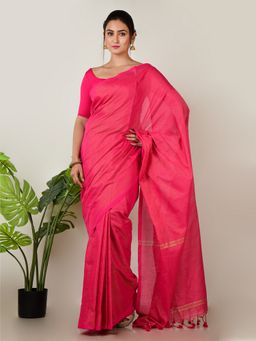 AAKAR - Women Pink Linen Woven Handloom Saree Without Blouse