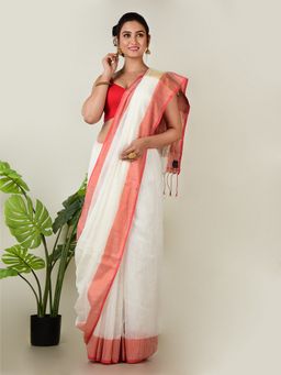 AAKAR - Women White Cotton Woven Handloom Saree Without Blouse