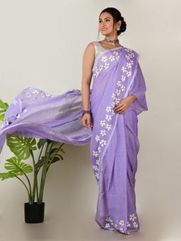AAKAR - Women Lavender Cotton Floral Handloom Saree Without Blouse