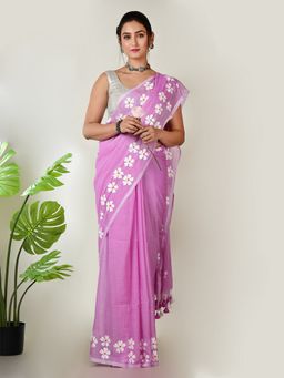 AAKAR - Women Peach Cotton Floral Handloom Saree Without Blouse