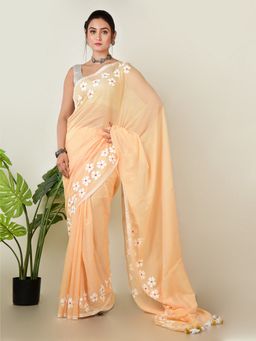 AAKAR - Women Pink Cotton Floral Handloom Saree Without Blouse