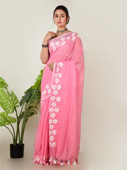 AAKAR - Women Pink Cotton Floral Handloom Saree Without Blouse