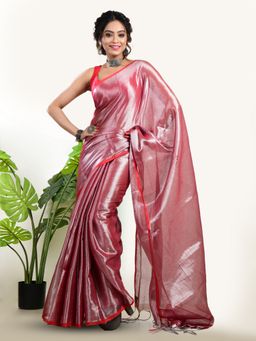 AAKAR - Women Red Tissue Woven Handloom Saree Without Blouse