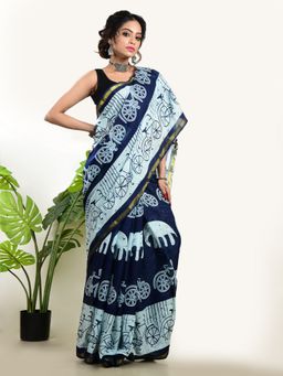 AAKAR - Women Navy Blue Cotton Woven Handloom Saree Without Blouse