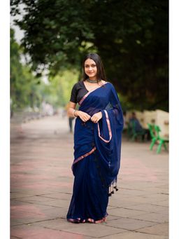 AAKAR - Women Navy Blue Cotton Woven Handloom Saree Without Blouse