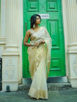AAKAR - Women Beige Organza Woven Handloom Saree Without Blouse
