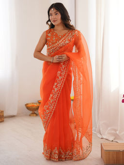 Sareemall - Women Organza Orange Embellished Heavy Work With Unstitched Blouse