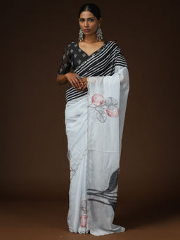 Sareemall - Women Organza White Printed Designer Saree With Unstitched Blouse
