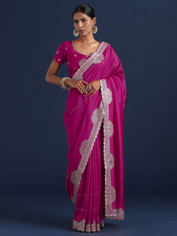 Sareemall - Women Vichitra Silk Magenta Embellished Designer Saree With Unstitched Blouse