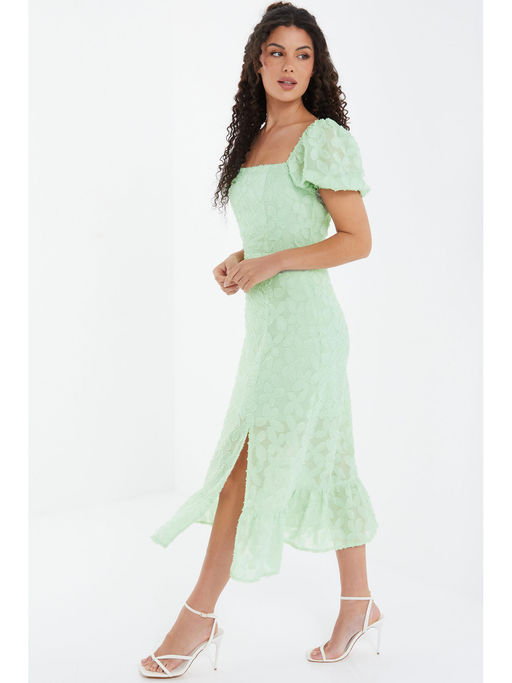 Buy Quiz Clothing Sage Green Jacquard Puff Sleeve Midi Dress Online